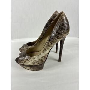 Brian Atwood Florencia Platform Heels Snake Print Brown Tan 8 Open Peep Toe